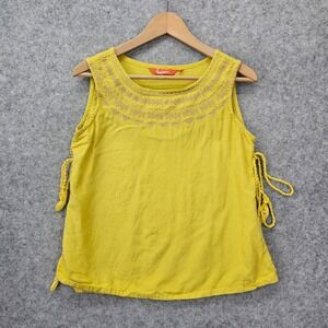 Boho Linen Tank Top Womens Small Mustard Side Tassel Festival Embroidered FUSION